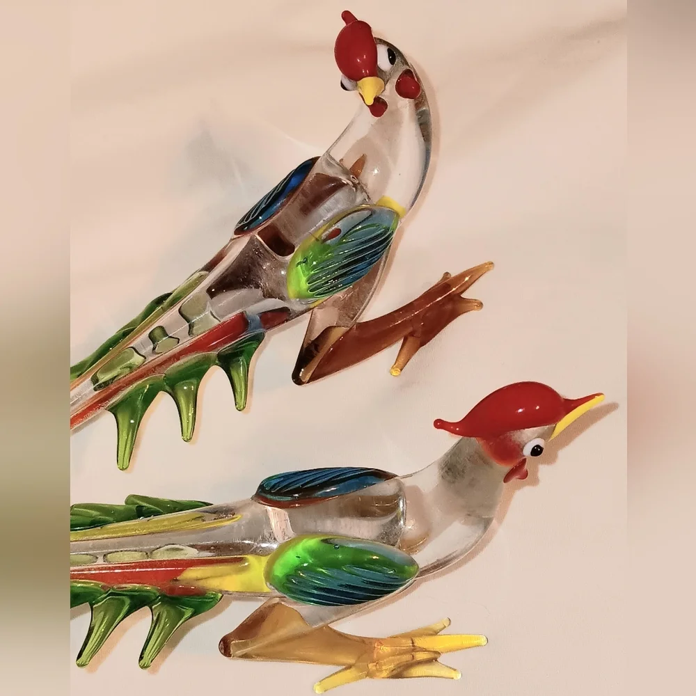 Set Of 2 Handblown Glass Bird Chicken Figure Multi Color Rooster Exotic Bird